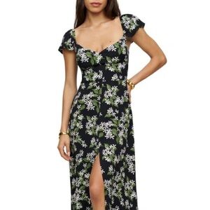 Reformation Green and White Midi Sundress with Spaghetti Straps